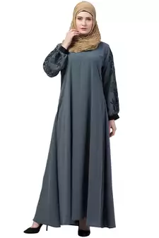 Grey A- Line Abaya Embroidery Work At Sleeve