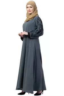Grey A- Line Abaya Embroidery Work At Sleeve