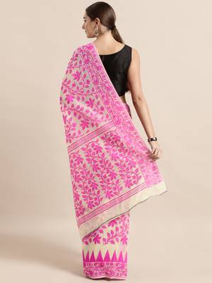Cream Woven Cotton Poly Saree With Blouse 2