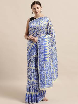 Cream Woven Cotton Poly Saree With Blouse 1