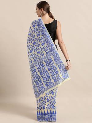 Cream Woven Cotton Poly Saree With Blouse 2