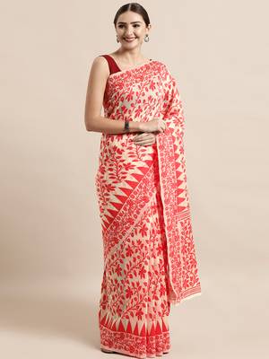 Cream woven cotton poly saree with blouse 1