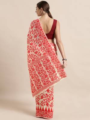 Cream woven cotton poly saree with blouse 2