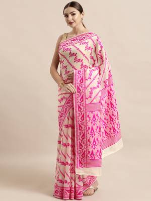 Cream Woven Cotton Poly Saree With Blouse 1
