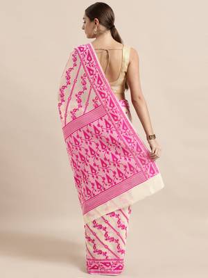 Cream Woven Cotton Poly Saree With Blouse 2