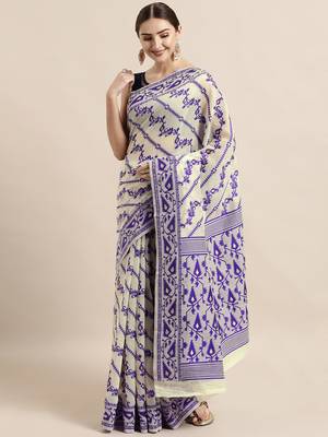 Cream Woven Cotton Poly Saree With Blouse 1