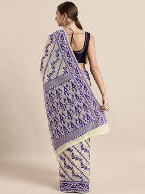 Cream Woven Cotton Poly Saree With Blouse 2