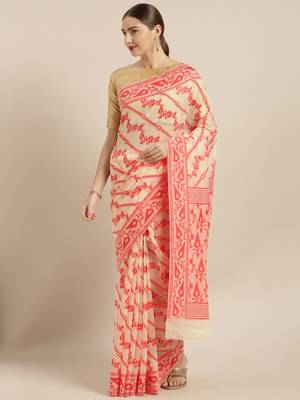 Cream Woven Cotton Poly Saree With Blouse 1
