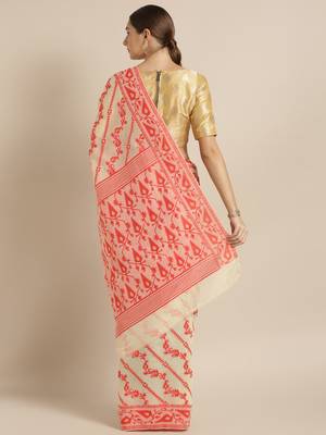 Cream Woven Cotton Poly Saree With Blouse 2