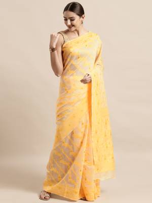Cream Woven Cotton Poly Saree With Blouse 1