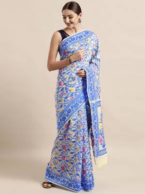 Cream Woven Cotton Poly Saree With Blouse 1