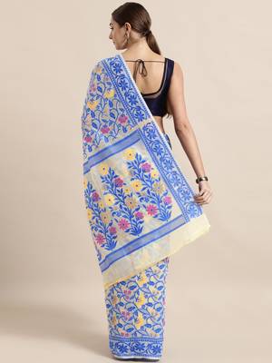 Cream Woven Cotton Poly Saree With Blouse 2