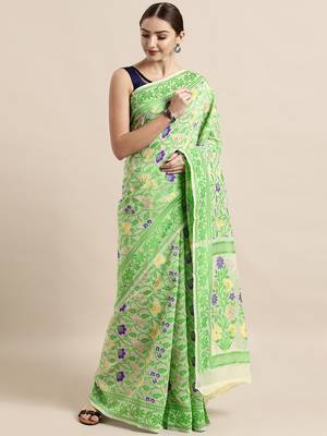 Cream Woven Cotton Poly Saree With Blouse 1