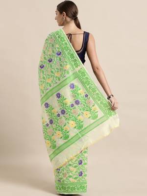 Cream Woven Cotton Poly Saree With Blouse 2