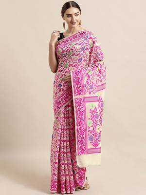 Cream Woven Cotton Poly Saree With Blouse 1