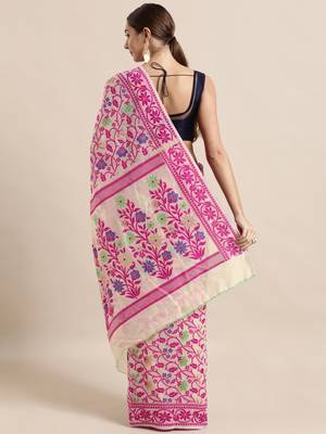 Cream Woven Cotton Poly Saree With Blouse 2