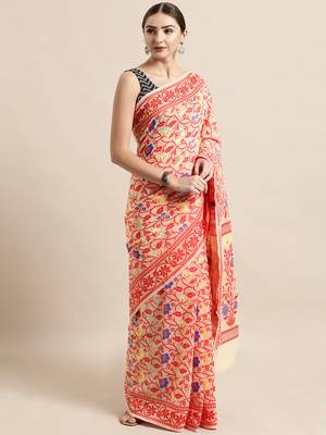 Cream Woven Cotton Poly Saree With Blouse 1