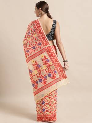 Cream Woven Cotton Poly Saree With Blouse 2