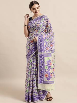 Cream Woven Cotton Poly Saree With Blouse 1