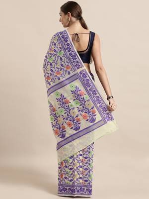 Cream Woven Cotton Poly Saree With Blouse 2