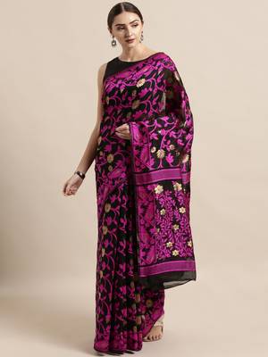 Black Woven Cotton Poly Saree With Blouse 1
