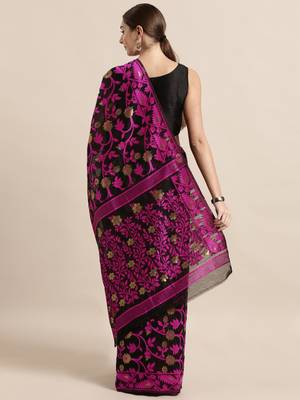 Black Woven Cotton Poly Saree With Blouse 2
