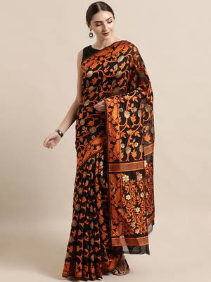 Black Woven Cotton Poly Saree With Blouse 1