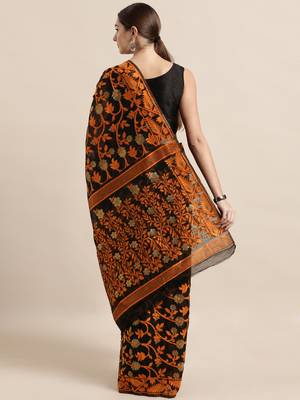 Black Woven Cotton Poly Saree With Blouse 2