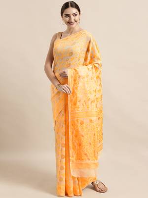 Cream Woven Cotton Poly Saree With Blouse 1