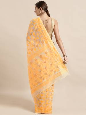 Cream Woven Cotton Poly Saree With Blouse 2