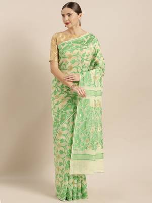 Cream Woven Cotton Poly Saree With Blouse 1