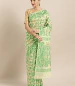 Cream Woven Cotton Poly Saree With Blouse