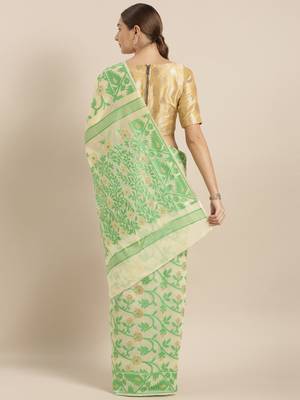 Cream Woven Cotton Poly Saree With Blouse 2