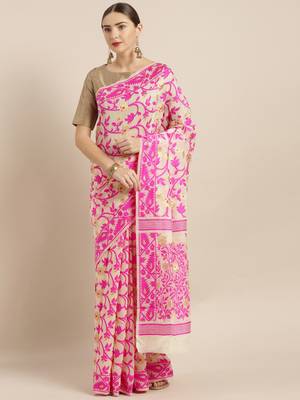 Cream Woven Cotton Poly Saree With Blouse 1
