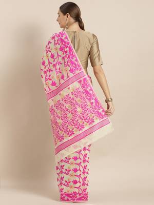 Cream Woven Cotton Poly Saree With Blouse 2