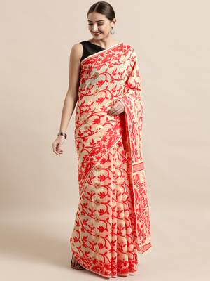Cream Woven Cotton Poly Saree With Blouse 1