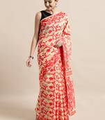 Cream Woven Cotton Poly Saree With Blouse