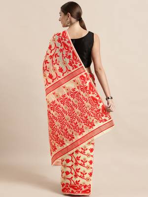 Cream Woven Cotton Poly Saree With Blouse 2