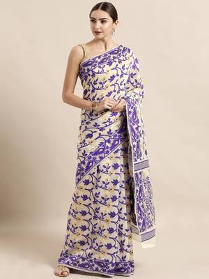 Cream Woven Cotton Poly Saree With Blouse 1