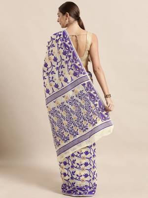 Cream Woven Cotton Poly Saree With Blouse 2