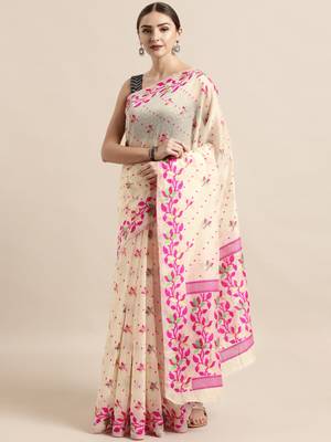 Cream Woven Cotton Poly Saree With Blouse 1