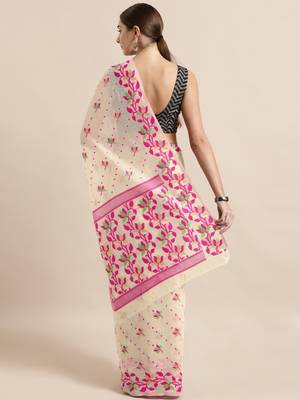Cream Woven Cotton Poly Saree With Blouse 2