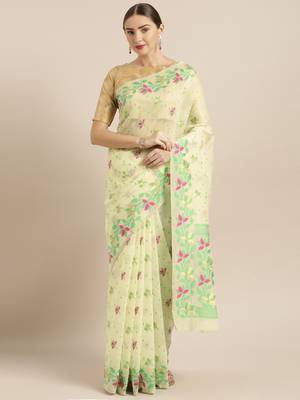 Cream Woven Cotton Poly Saree With Blouse 1