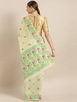Cream Woven Cotton Poly Saree With Blouse 2