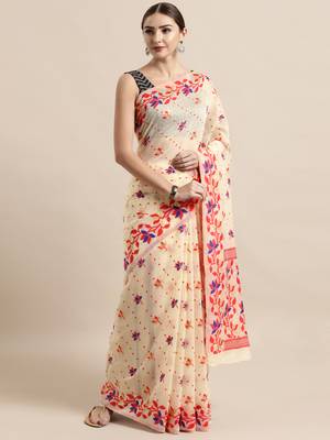 Cream Woven Cotton Poly Saree With Blouse 1