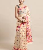 Cream Woven Cotton Poly Saree With Blouse