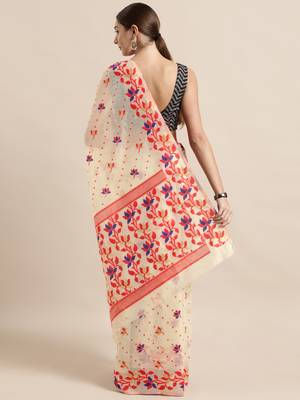 Cream Woven Cotton Poly Saree With Blouse 2