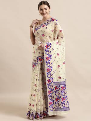 Cream Woven Cotton Poly Saree With Blouse 1