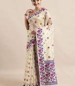 Cream Woven Cotton Poly Saree With Blouse