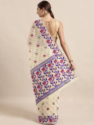 Cream Woven Cotton Poly Saree With Blouse 2